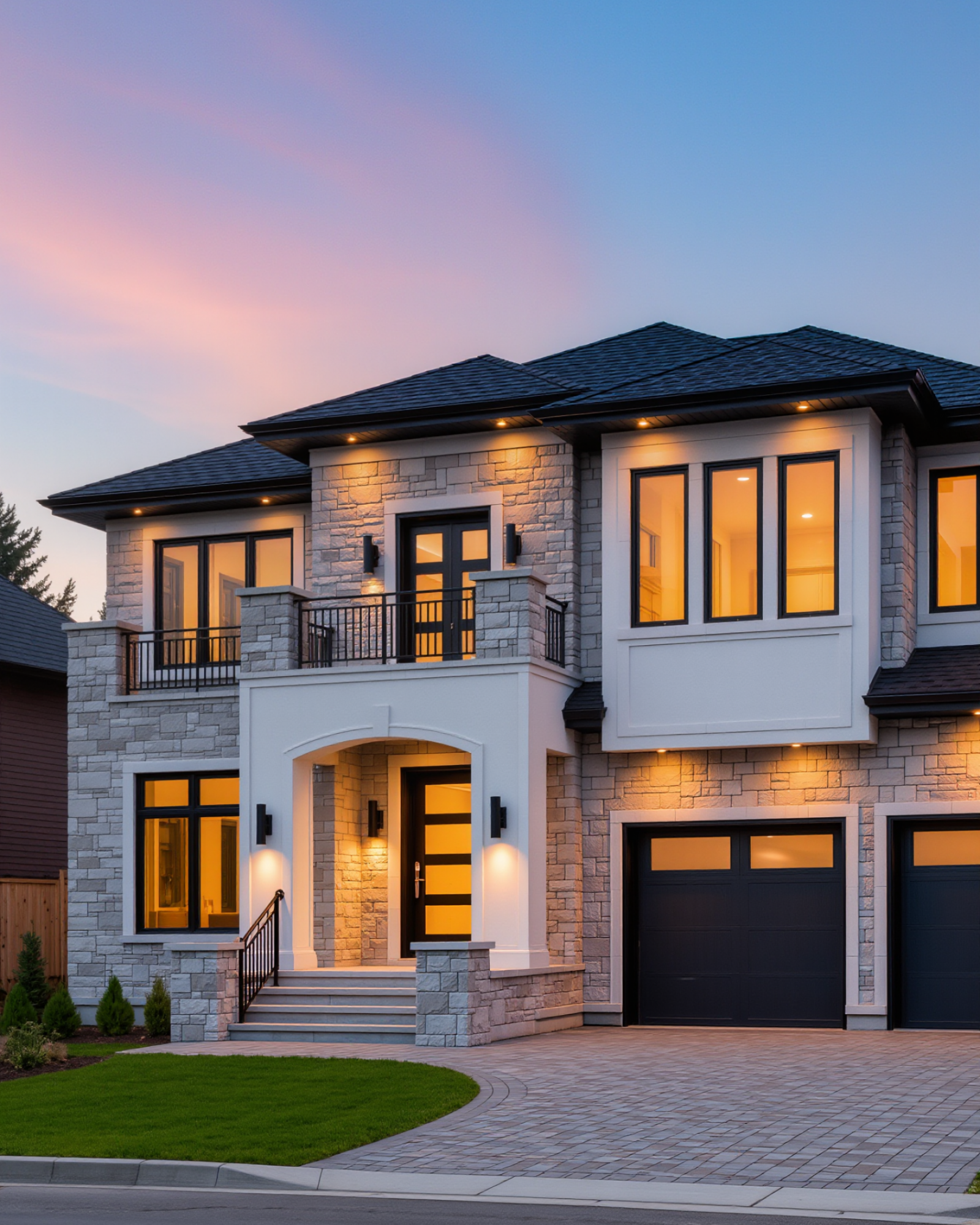 Luxury custom home near Marmora, Ontario, with stone exterior and evening sky
